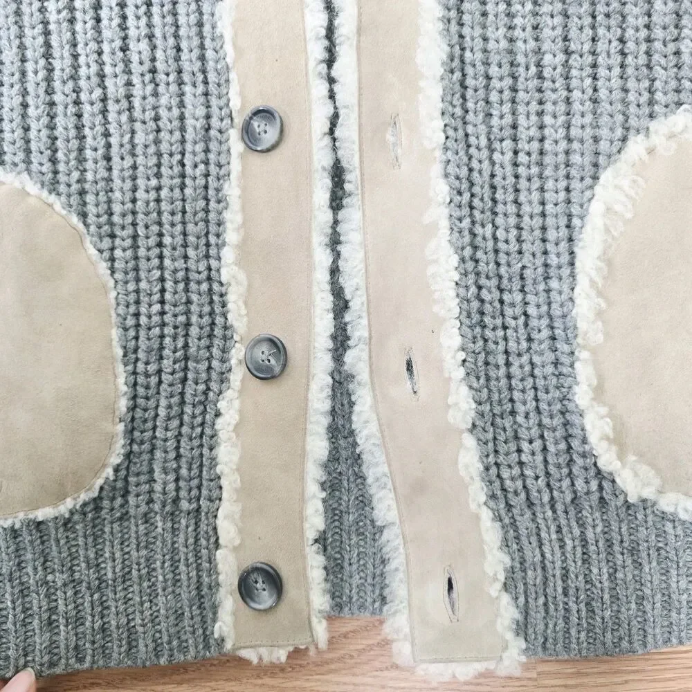 Michael Kors Ribbed Wool Knit Cardigan Lamb Shearling Sweater Size L Elbow Patch
